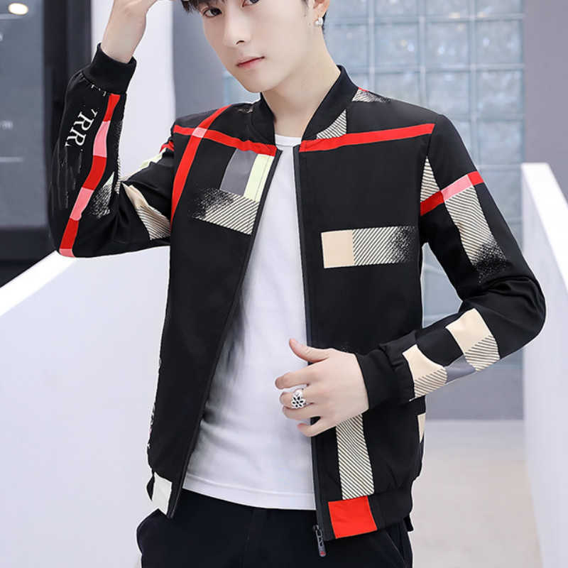 

Korean Jacket Men Spring Autumn Baseball Jacket Fashion Casual Slim Fit Coats Brand Plaid Printed Stand-up Collar Jackets 210527, Striped yellow