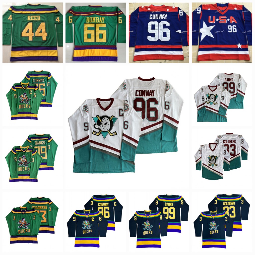 

Mens Mighty Ducks Movie Hockey Jersey 96 Charlie Conway 99 Adam Banks 33 Greg Goldberg Green White Black Blue In Stock, White flex base mens s-xxxl