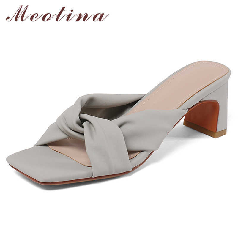 

Meotina Slippers Shoes Women Pleated High Heel Sandals Square Toe Slides Thick Heel Ladies Footwear Summer Purple Blue Fashion 210608