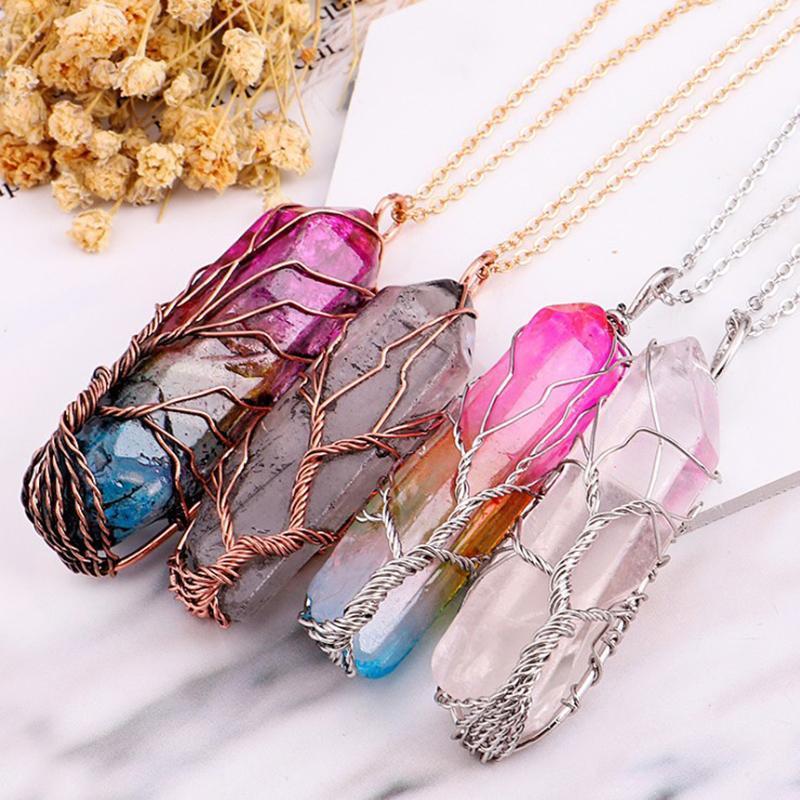 

Natural Stone Long Chain Pendants Necklace Rainbow Quartz Tree Bronze Wire Wrap Pendant Jewelry For Women Men Gifts Chains