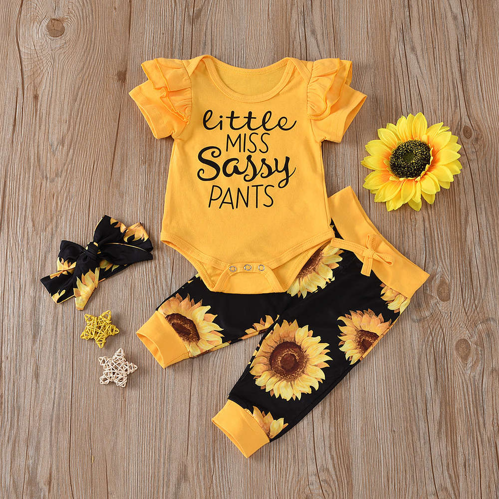 

Children's flying sleeve yellow three piece suit summer girls' letter print + sunflower pants children's, White