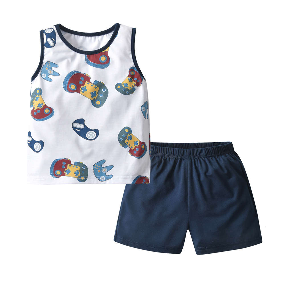 

Boys and girls suits Summer children's short sleeve housewear game machine printed vest Shorts PAJAMAS casual two piece set, White