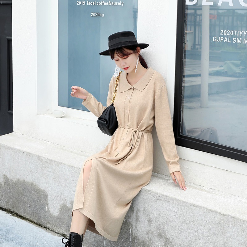 

Light Mature Elder Sister Temperament Knitted Sweater Women Autumn Lapel Single Breasted Lace Up Cardigan Dress Female 210520, Black