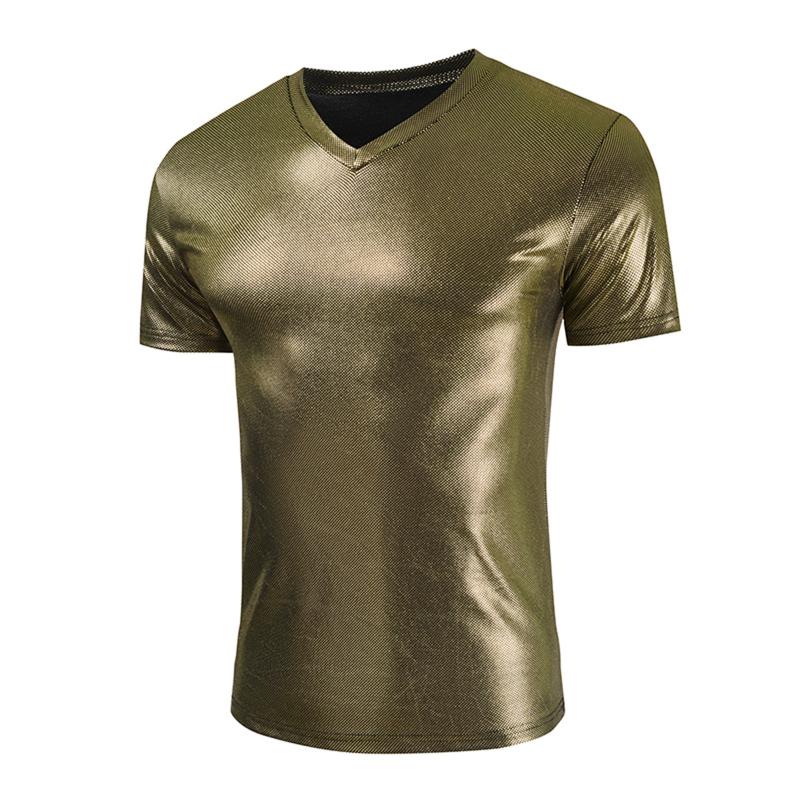 

Men's T-Shirts Summer Mens Metallic Shiny Leather T-shirt Dance Top Shirt Short Sleeve Tshirt Clubwear V Neck Casual Slim Fit Solid Color To, Gold