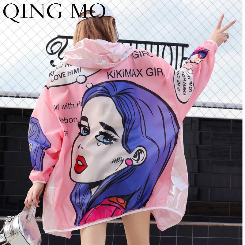 

Women's Trench Coats QING MO Women Cartoon Character Print Sun Protection Coat Turn-down Collar Full Length Pink ZQY981, Tan;black