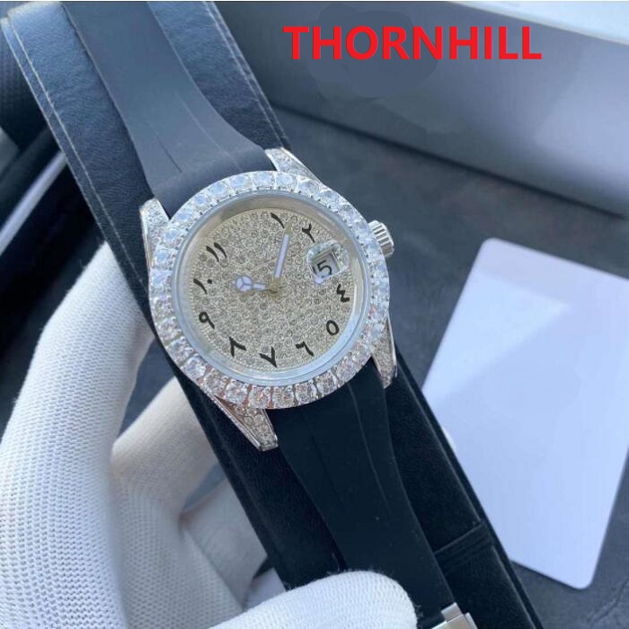 

Men's watch 42MM diamonds gold rubber band automatic mechanical date waterproof luminous sapphire Self-wind Men Wristwatches Montre De Luxe, As pic