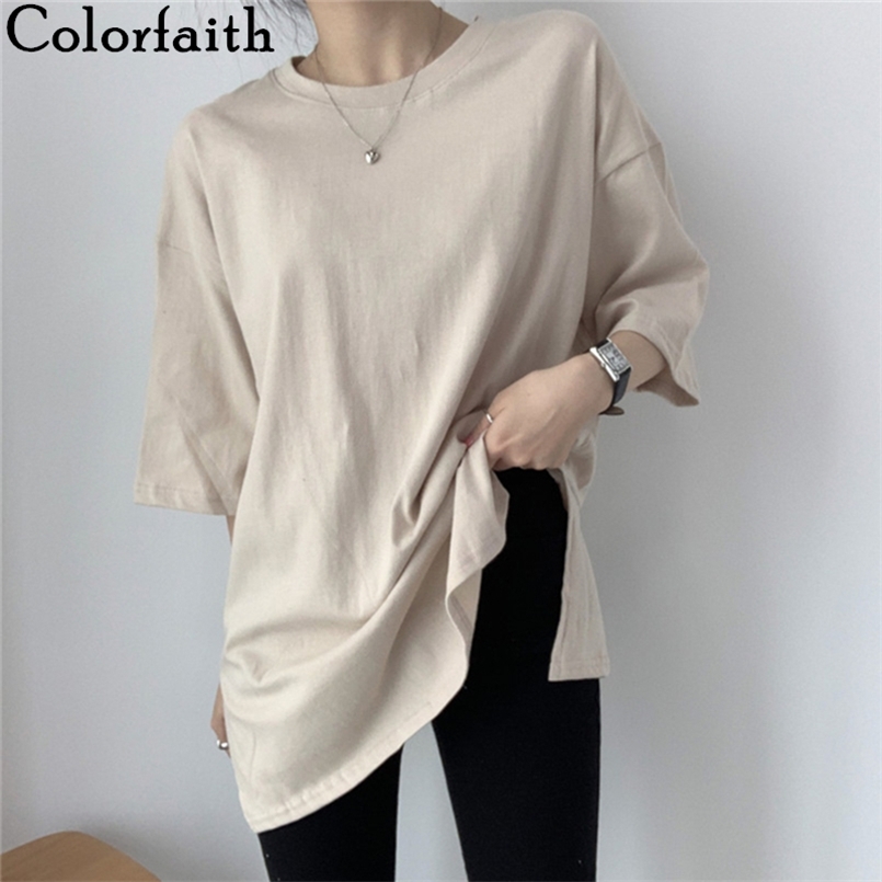 

Colorfaith Women Spring Summer T-shirts Solid Multi Colors Loose Bottoming Half Sleeve Minimalist Split Midi Tops T1201 210708, White