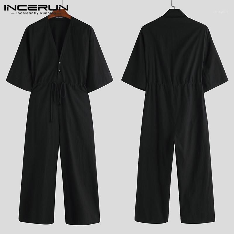 

Men' Pants Fashion Men Jumpsuit Solid V Neck Chic Loose Casual Romper Half Sleeve High Street Wide Leg Overalls INCERUN Plus Size, Black