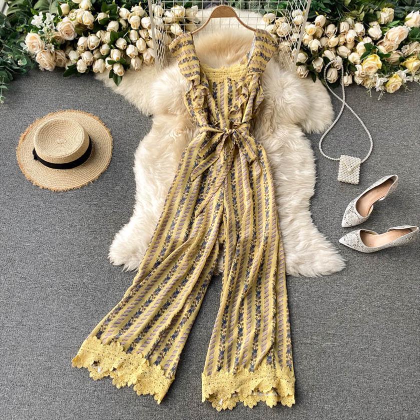 

Fashion Ins Sleeveless Ruffle Women Jumpsuits Slim Printed Wide Leg Korean Clothing Overalls Q959, Black;white