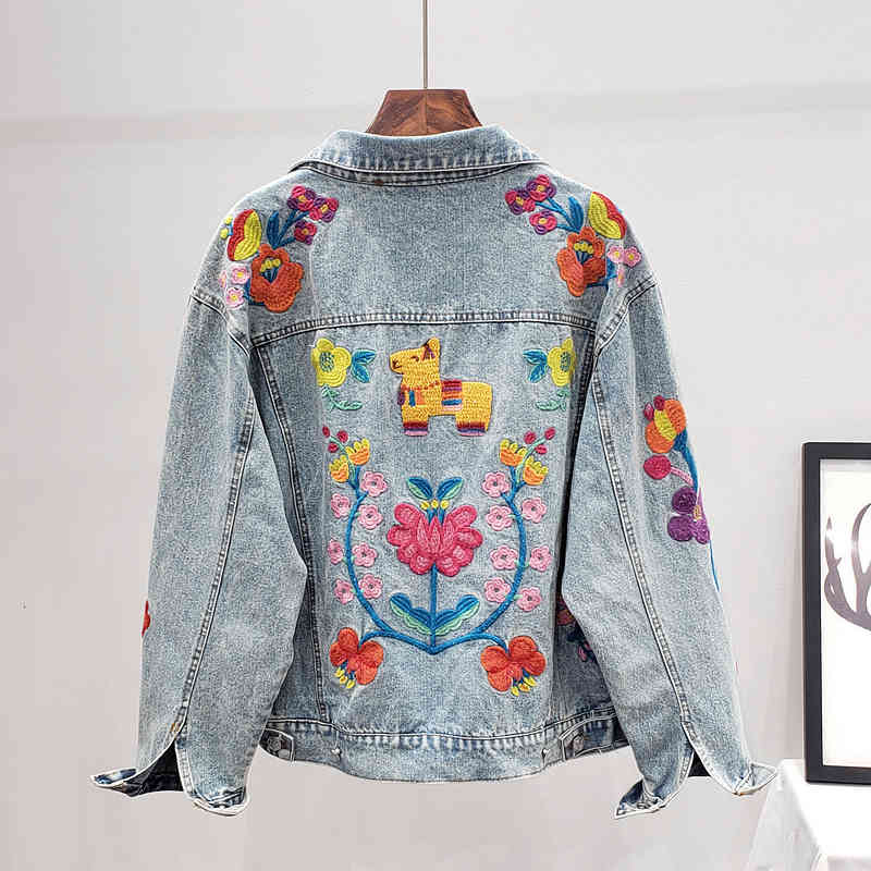 

Women's Jackets Spring Autumn Embroidery Denim Women Long Sleeve Vintage Jeans Coat Streetwear Loose Ladies Bomber Tide G063 YPAV, Blue