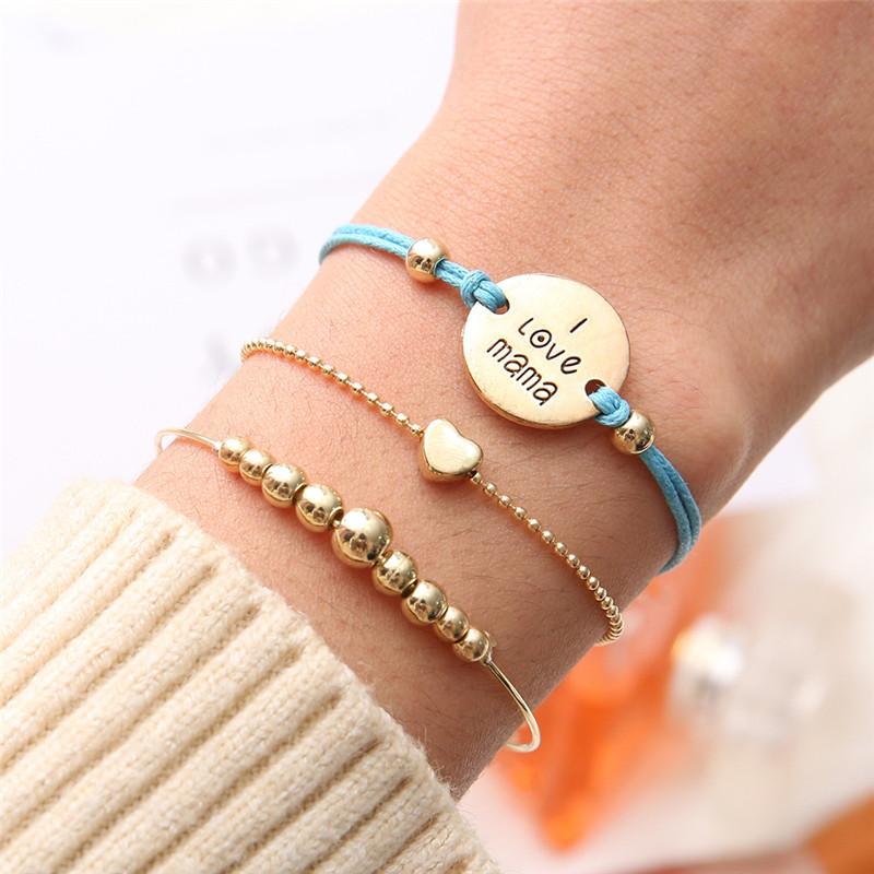 

Miss JQ Fashion Brand "I LOVE MAMA" Gold Alloy Beaded Sequins Bracelet Bangles For Women Heart Shape Jewelry Accessories Gift Beaded, Strand