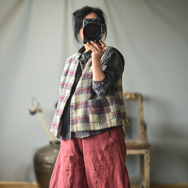 

Johnature Women Autumn Winter Lamb Cashmere Thickened Cotton Vest Cotton Linen Retro Plaid O-neck All-match Casual Vest 210521, Purple