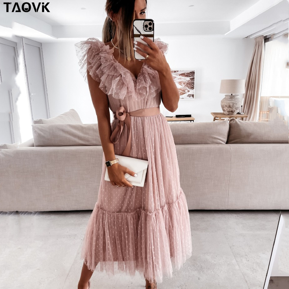 

TAOVK Women Vintage Long Dress Floral V-Neck Polka Dots Mesh Sleeveless Ruffles Belt Pleated Dress Elegant Sexy Chic Dress, White
