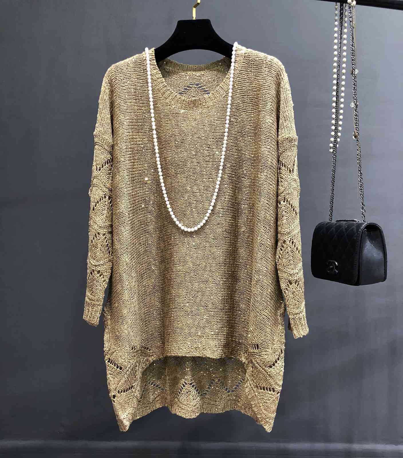 

Qooth Shinny Lurex Sweater Women Round Neck Long Jumper Casual Knit Pull Femme Pullover Bling Hollow Out Sequin Sweater QH2175 210518, Purple