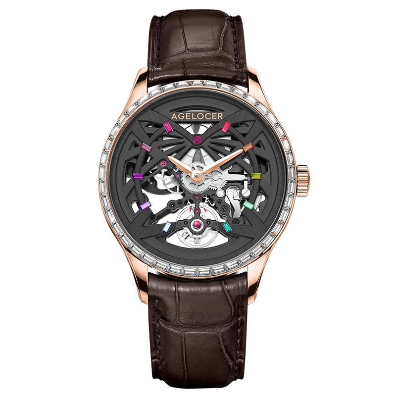 

Wristwatches AGELOCER Top Brand Original Mechanical Men's Watches Skeleton Luxury Men Automatic Clock Sapphire Diamond Black Mens Watch, 6102a1