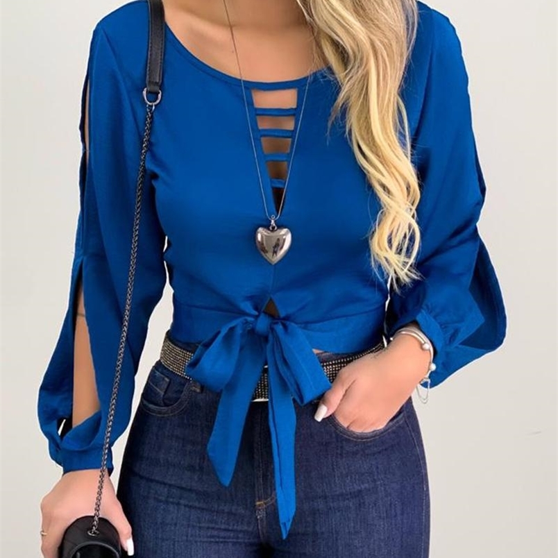 

Women Fashion Elegant Casual Hollow Out Long Sleeve Blouse Shirt Woman Solid Bow Design Tie Front Cut Top 210831, Blue
