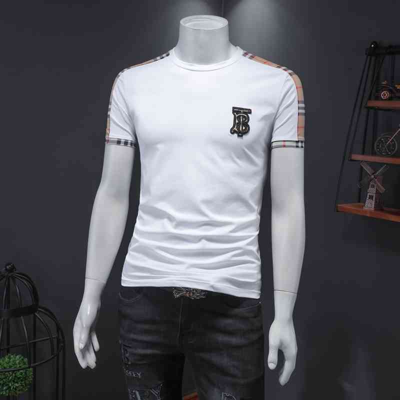 

Plaid stitching half men's 2021 summer letter embroidery personalized slim fit solid color t-shirt men, White;black