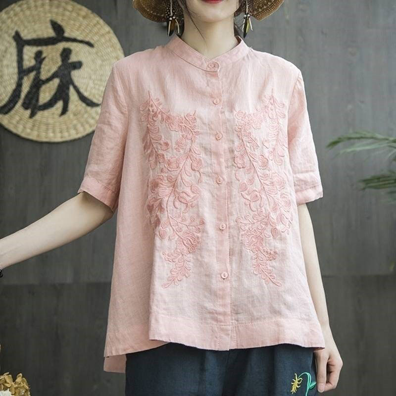 

F&je New Summer Style Women Shirt Plus Size Short Sleeve Loose Embroidery Cotton Linen Blouse Big Ladies Tops Femme Blusas MGZ2, Dark blue