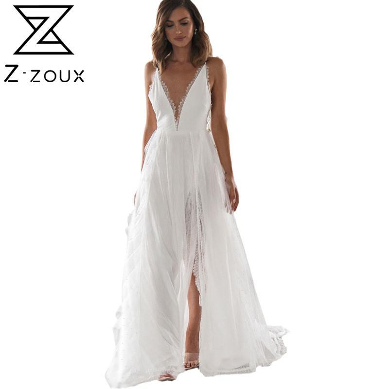 

Women Dress Deep V Neck Backless Sexy Temperament Party es High Waist Split Plus Size Summer es 210524, White