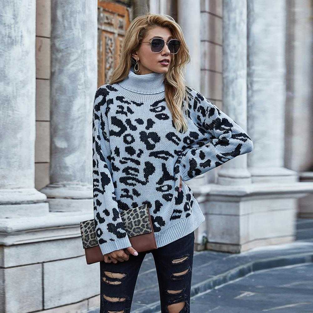 

Qooth Animal Print Jumper Women Leopard Crochet Top Knitwear Turtleneck Long Sleeve Pullover Sweaters QT334 210609, Grey