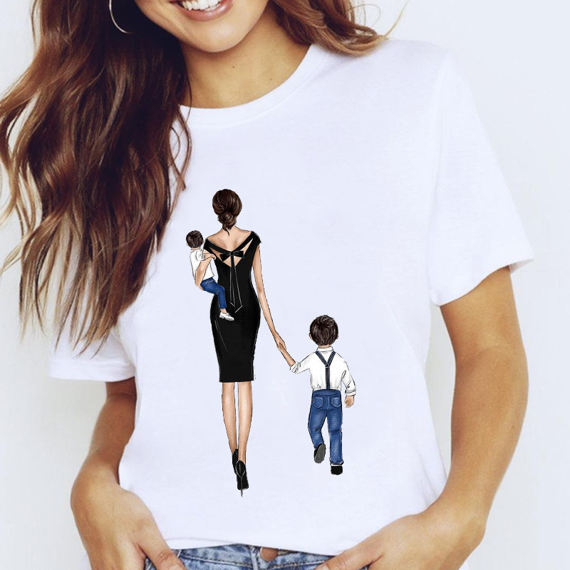 

European and American popular lovely boy lovely mother parent-child pattern printing fashion round collar large size T-shirt car T-shirt women, 14