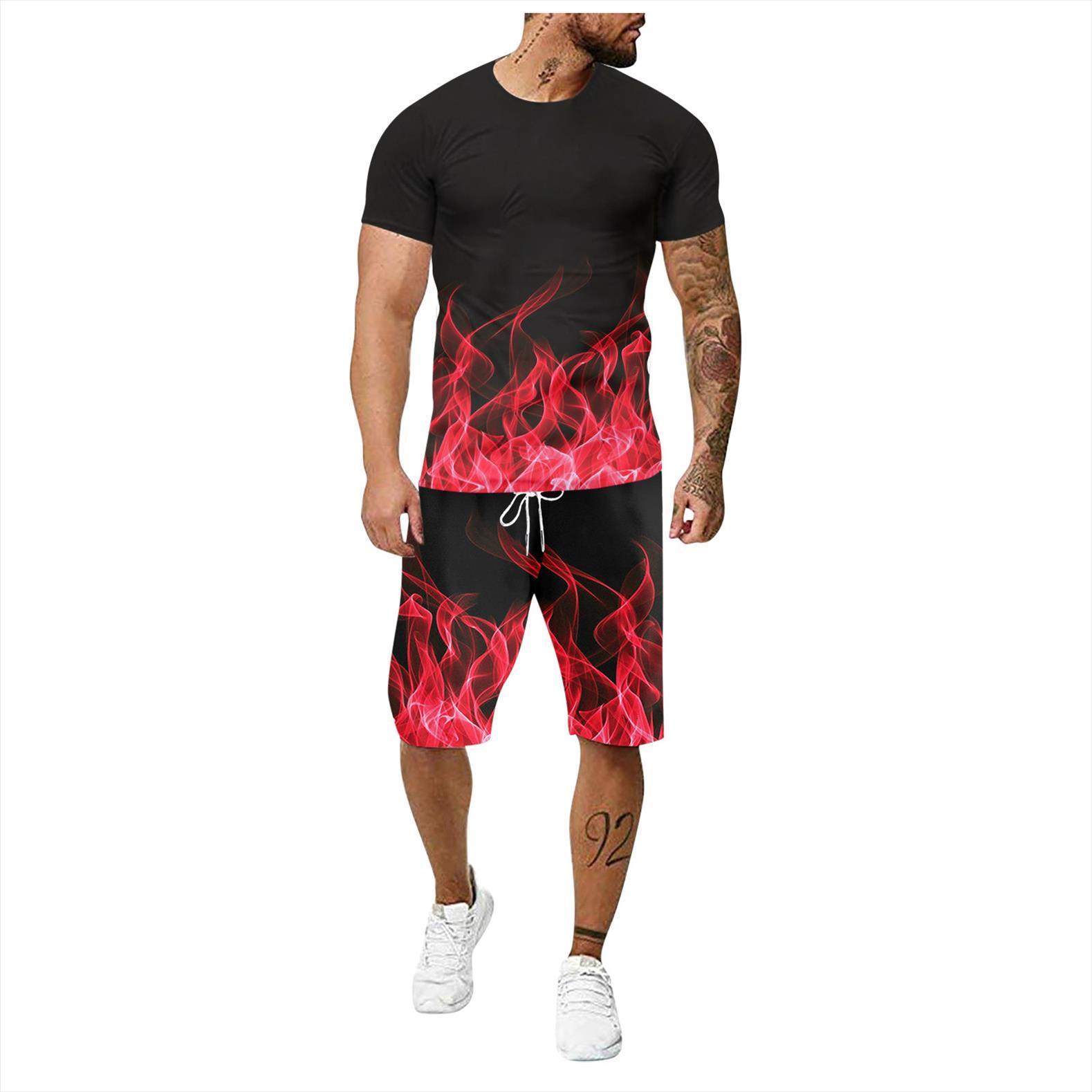 

summer 3d flame suit men tracksuits two piece sets printed clothing large size outdoor fitness running set 17, Gray