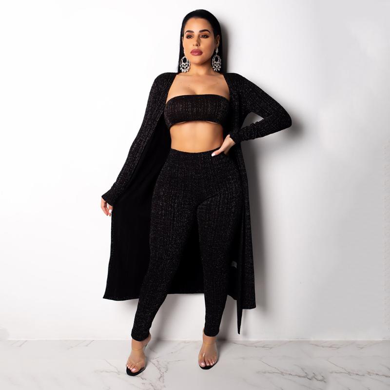 

Women's Two Piece Pants Women Thicken Knitted 3 Set Winter Casual Elegant Knitting Tracksuit Long Sleeve Cardigan+Strapless Crop Top+Long, White