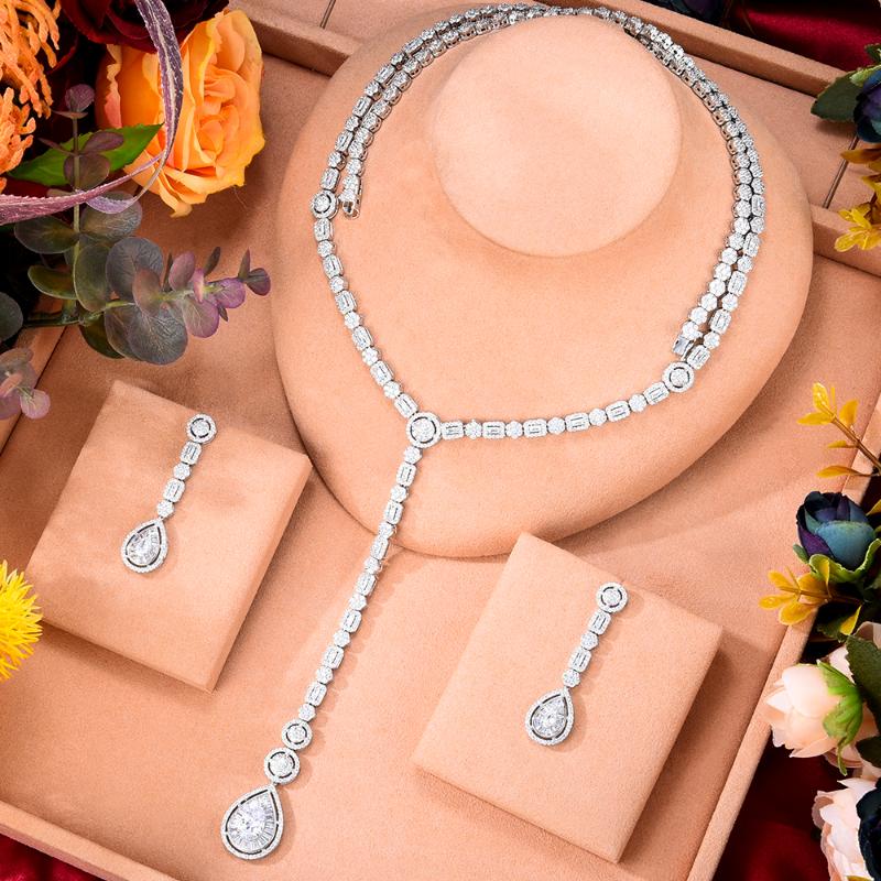 

Earrings & Necklace GODKI Tremdy Gorgeous Sparkly Luxury Long Jewelry Set For Noble Brides Wedding Jewellery High Quality, Silver