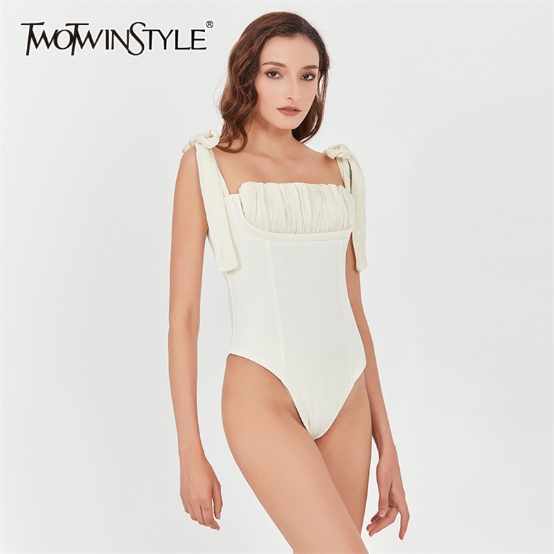 

Elegant Sling Bodysuit For Women Patchwork Square Collar Off Shoulder Slim High Waist Jumpsuits Female Fashion 210521, Beige