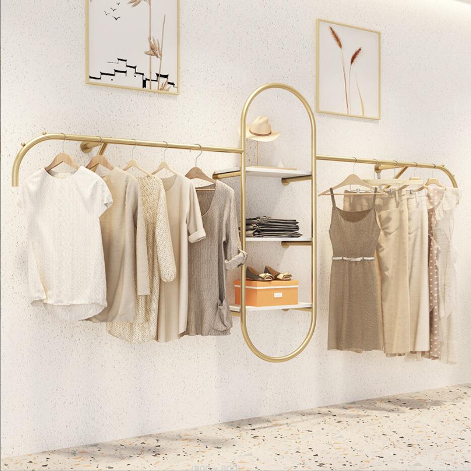 Clothing store display rack Commercial Furniture women's cloth shop shelf wall hanging clothes racks special gold-image-740467540