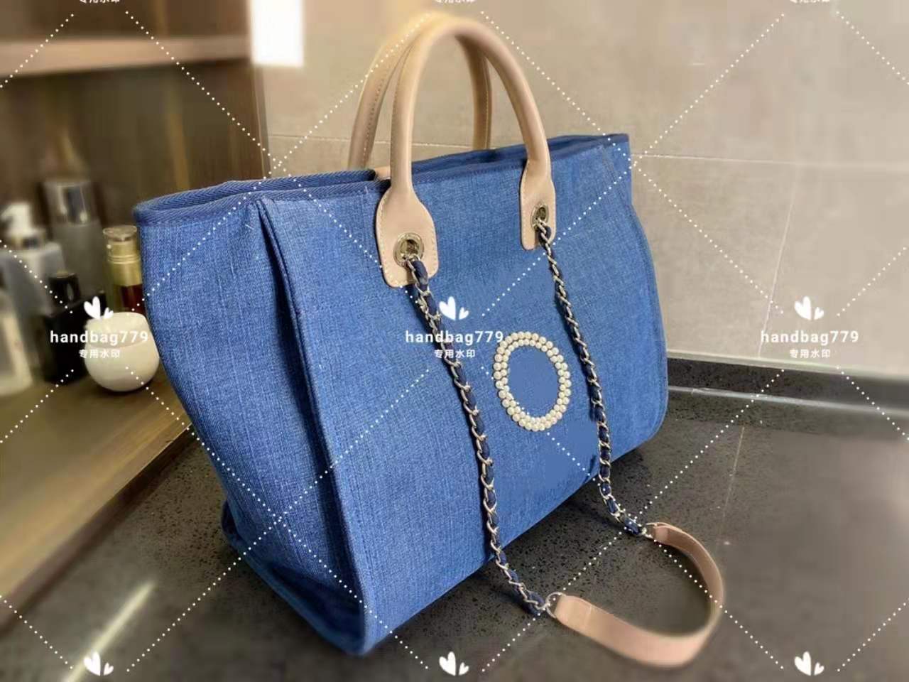 

Premium classic shopping bags pearl pattern solid color canvas oversized interior space comfort handle diagonal cross hand shoulder vacation