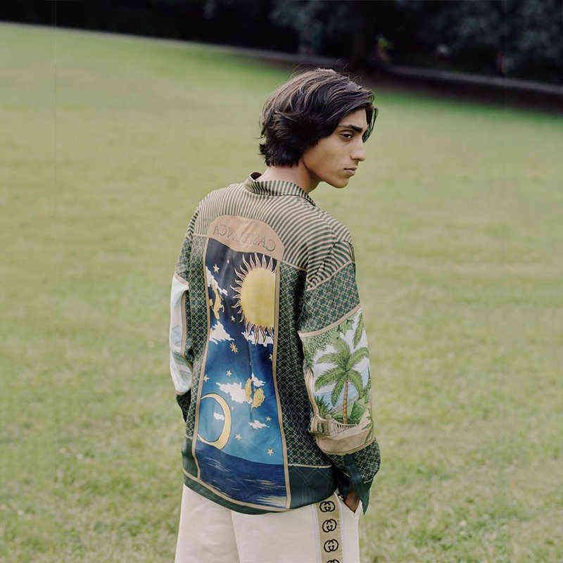 

Casablanca sun moon star sky illustration mosaic oil painting childe style silk antique leisure Long Sleeve Shirt, Green