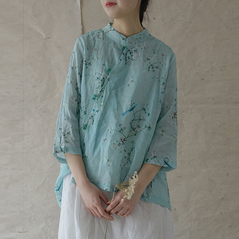 

Johnature Summer Leisure Retro Stand Plate Buckle Floral Print Three Quarter Sleeve Shirt Loose All-match Women Tops 210521, Multi