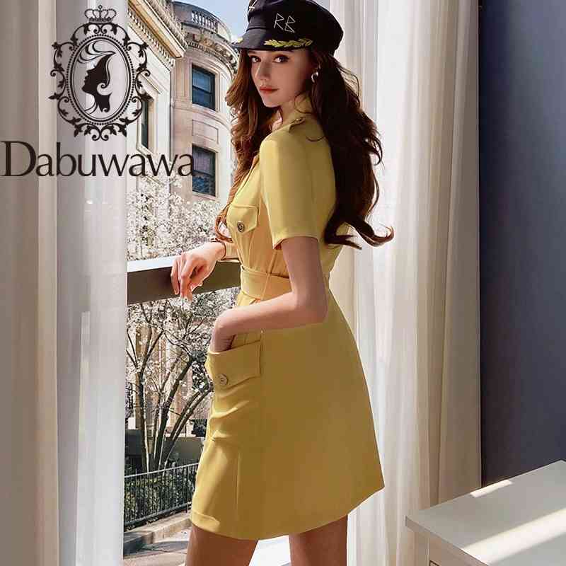 

Dabuwawa Exclusive Yellow A-Line Dress Office Lady Double Breasted Sash Vintage Split Hem Solid Workwear Dress Women DO1BDR041 210520
