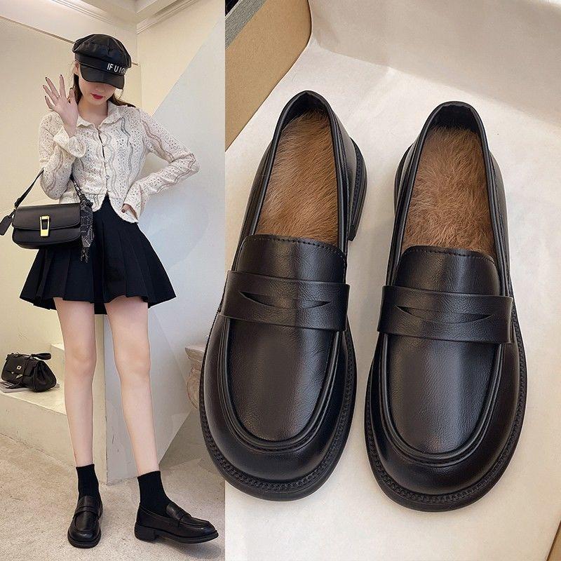 

Dress Shoes Women British Style Low Heel 2021 Winter Fleeced Loafers For, Black