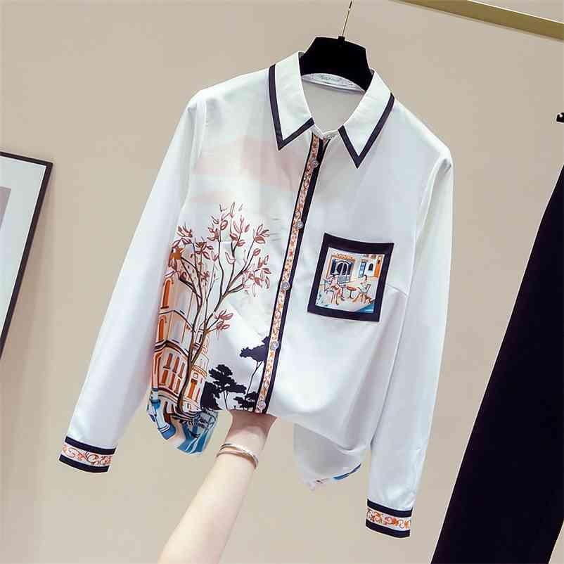 

Europe Style Retro Print Shirts Autumn Elegant Women's Turn Down Collar Long Sleeves Ladies Shirt Blouse Tops A4065 210519, Beige