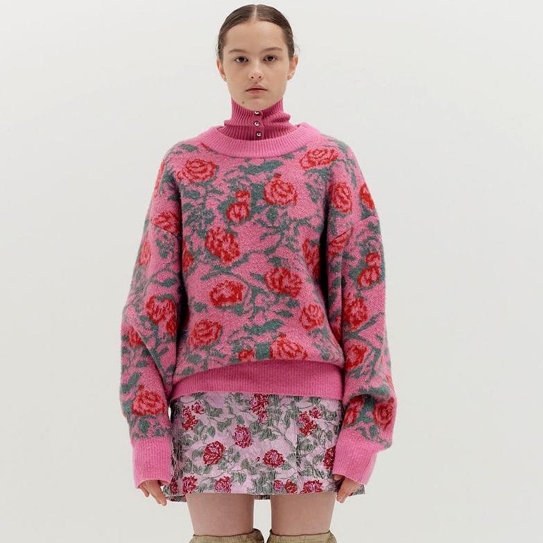

Korean Designer Water-soluble Jacquard Retro Rose Wool Loose Sweater Pullover Knit Top Womens Sweaters Fashion Women's, Pink
