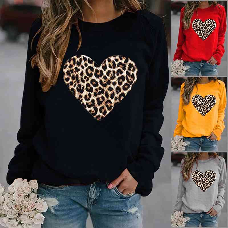 

2021 new women' top leopard love printed hoodless Plush long sleeve sweater, Black hattless