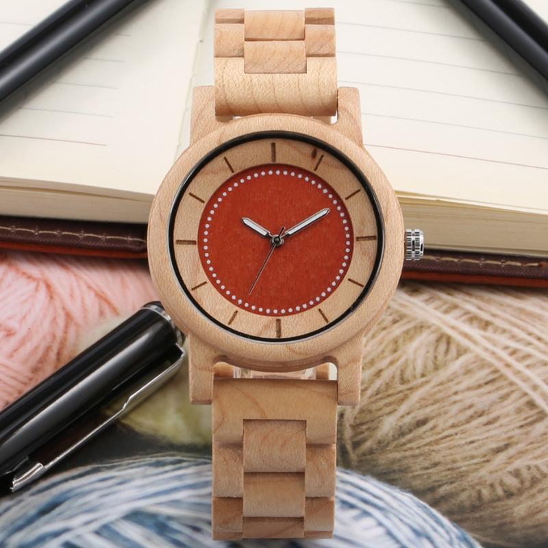 

Wristwatches Men's Wooden Watch Fashion Simple Full Maple Wood Bangle Quartz Red Dial Wristwatch Folding Clasp Male Clock Gift Relojes Hombr