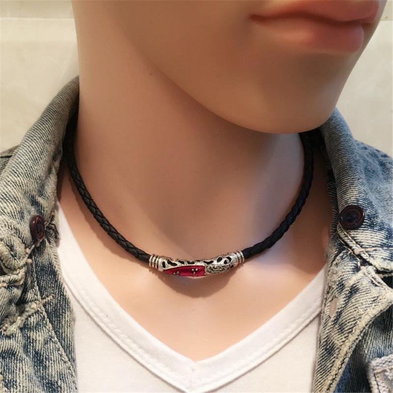 

Personalized Men's Women Choker Necklace Black Braided Leather Rope Stainless Steel Red Blue Pendent Jewelry Gift Chokers