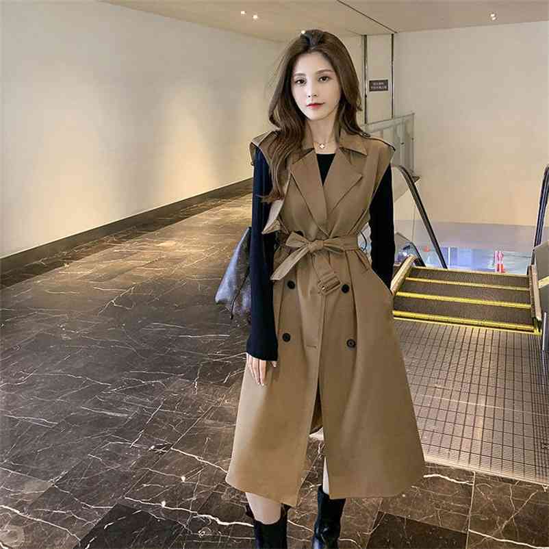 

Elegant Women Long Trench Vest Fashion Sashes Casual Loose Office Lady Vests Chic Sleeveless Double Breasted Outwears 210519, Black