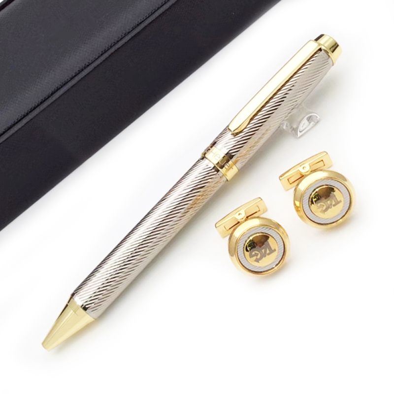 

PURE PEARL Classic TH Ballpoint Pen Black/Silver slant wiredrawing barrel writes smoothly fashion Luxury Stationery+Cufflinks+box set+Gift Refills+Plush Pouch, Golden / silver