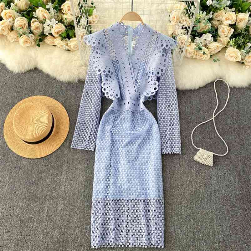 

Temperament Fashion Retro Hollow Out Lace Dress Female V-neck Ruffled Slim Mid-length OL Work Wear Women Vestidos 210525, Black