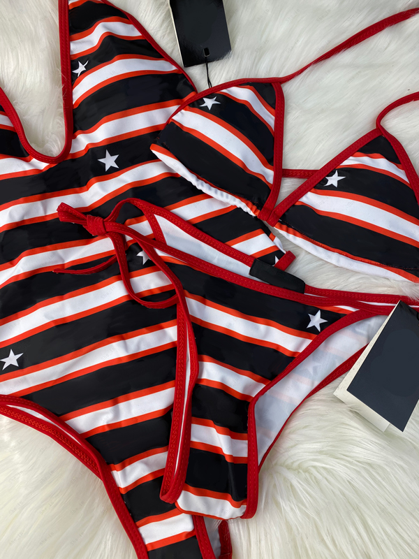 Women&#039;s Swimwear Fashion Striped Letter Pattern Print Contrast Color Swimsuits Women Lady Bikinis Girls Bathing Suits-image-687345232