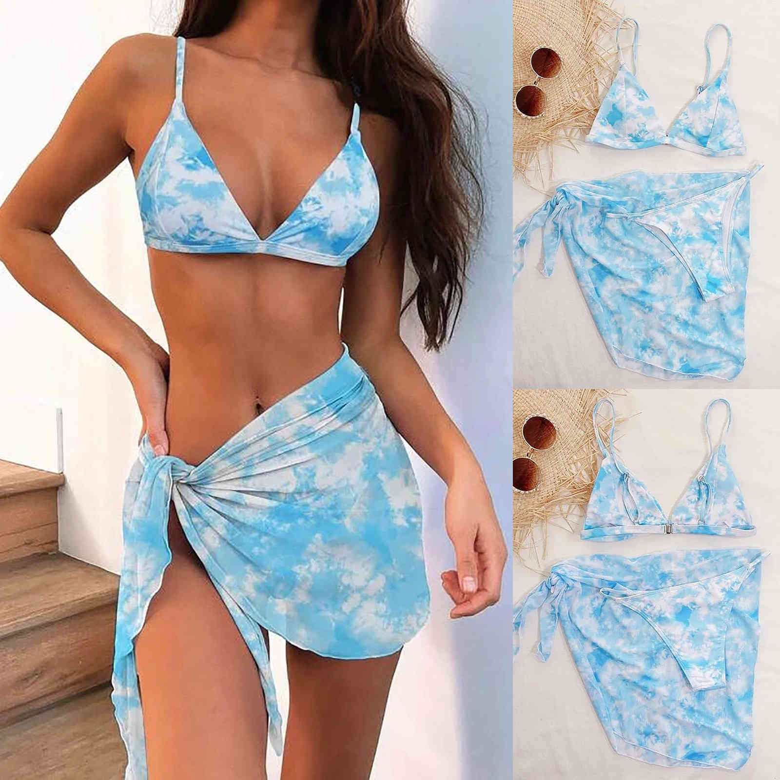 

Sexy 2021 New Women's Split High Waist Tie-dye Printed Three-piece Skirt Style Mesh Bikini Swimming Suit For Ladies, White;black