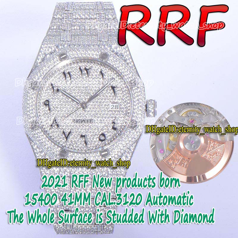 

eternity Watches RFF Gypsophila Pavé CZ Diamond 15400 Arabic Dial Fully Iced Out Strap side with Diamonds CAL.A3120 RF3120 Automatic Sport Mens Watch 1545, Box
