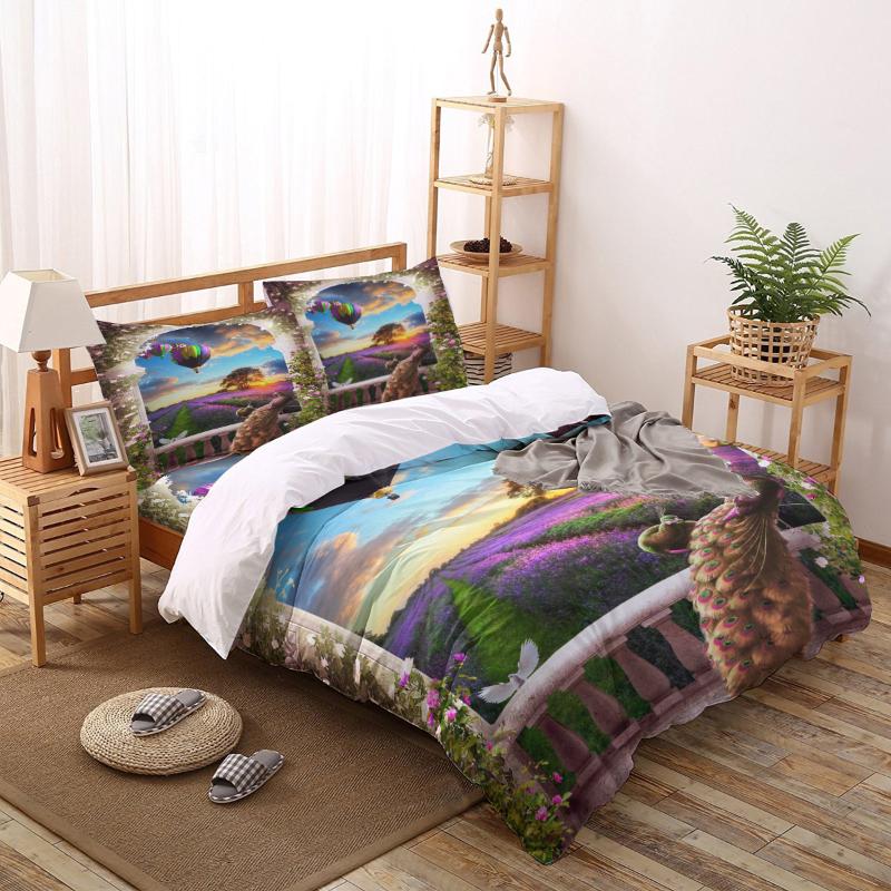 

Bedding Sets Colorful Peacock Air Balloon Lavender Fashion Duvet Cover King Queen Kids Bed Set Quilt Comforter Covers, As pic