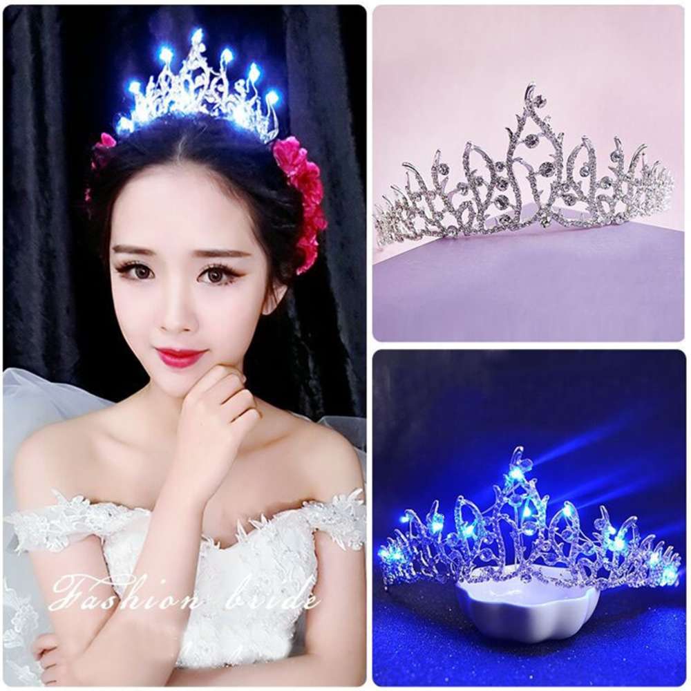 Bridal luminous crown silver white diamond Korean headdress makeup modeling hairband hairpin-image-695858892