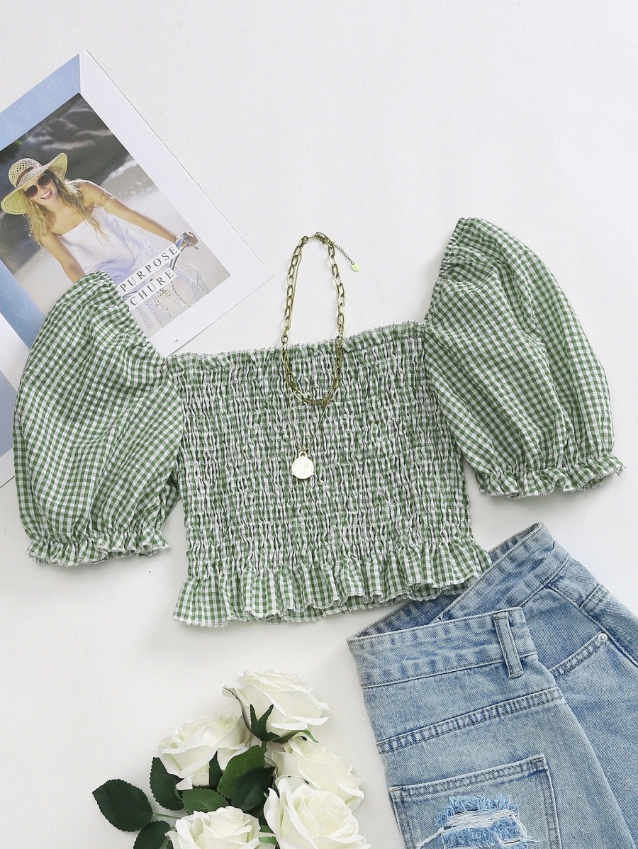 

Puff Sleeve Shirred Frill Trim Gingham Peplum Top M4Ps#, Green