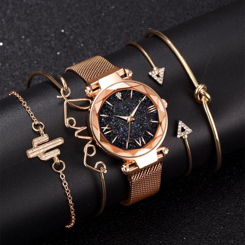 

Wristwatches Rose Gold Starry Sky Dial Watches Women Ladies Crystal Bracelet Quartz Wrist Watch 5 PCS Set Relogio Feminino, Slivery;brown